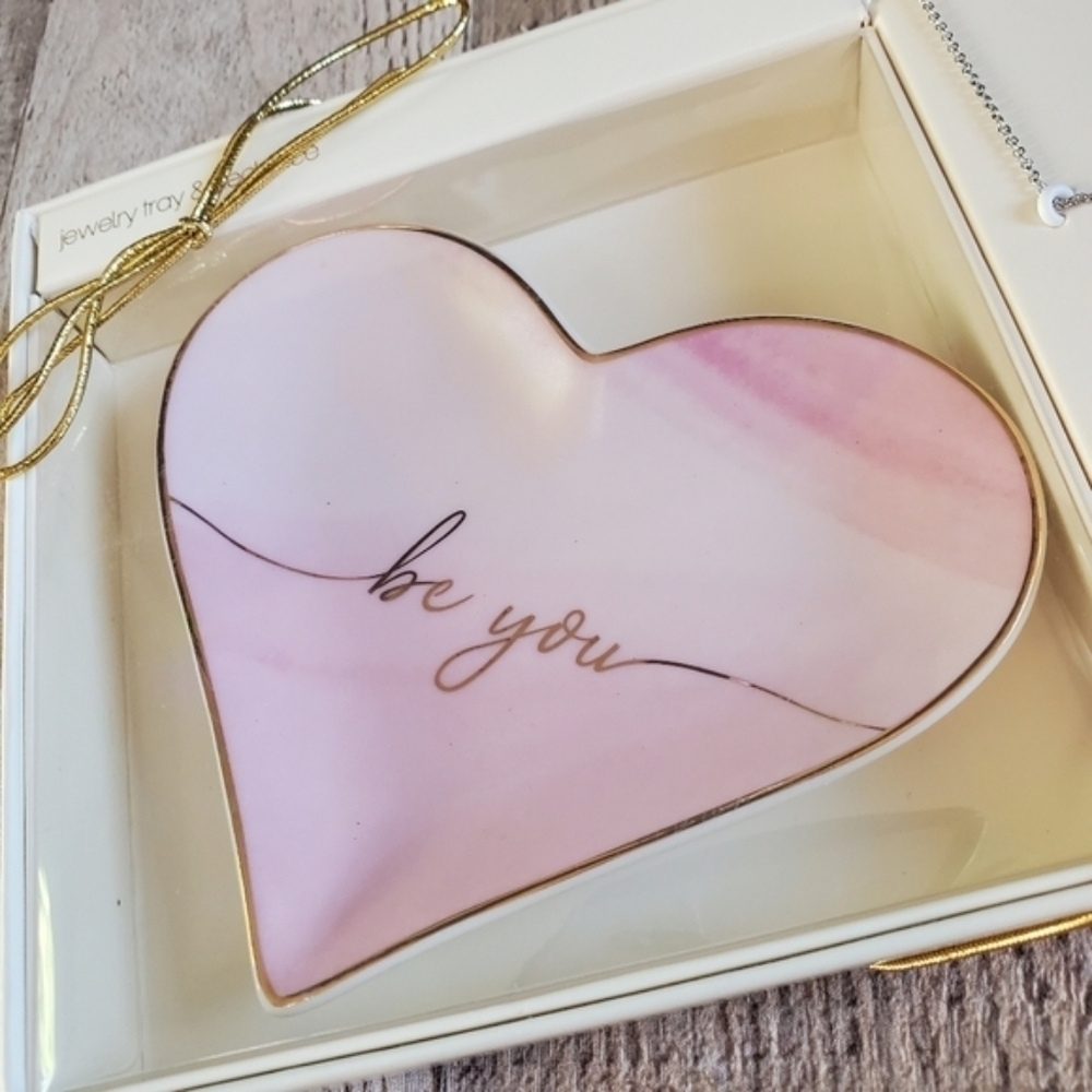 "Be You" 2pc Charm Necklace Heart & Trinket Tray Set - Picture 2 of 5